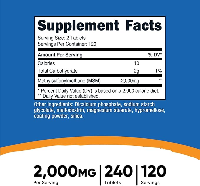 Nutricost MSM Tablets (Methylsulfonylmethane) 2000mg Per 120 Servings, 240 Tablets