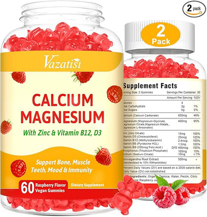 2 Pack Calcium Magnesium Zinc Gummies D3 & B12, Sugar