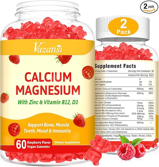 2 Pack Calcium Magnesium Zinc Gummies D3 & B12, Sugar