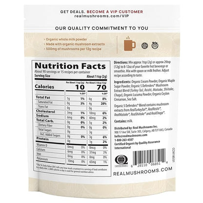 Real Mushrooms Functional Dairy Creamer - Coffee with Mushroom Extracts, Sweetened by Organic Lucuma Powder Maple Sap Powdered for Smoothies 90 Servings