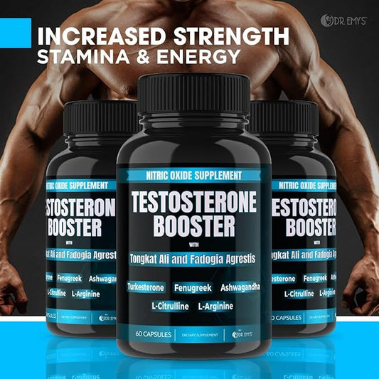 Dr. Emy's (2 Pack Testosterone Booster-Tongkat Ali Fadogia Agrestis Nitric Oxide Ashwagandha Supplement for Men with L Arginine Citrulline Fenugreek - Turkesterone Pre Workout Pump (120 Capsules)