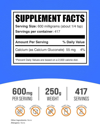 BulkSupplements.com Calcium Gluconate Powder - Calcium Supplement - Calcium Powder - Calcium Bone Supplement - Gluconate Calcium - Calcium Without Vitamin D (250 Grams - 8.8 oz)
