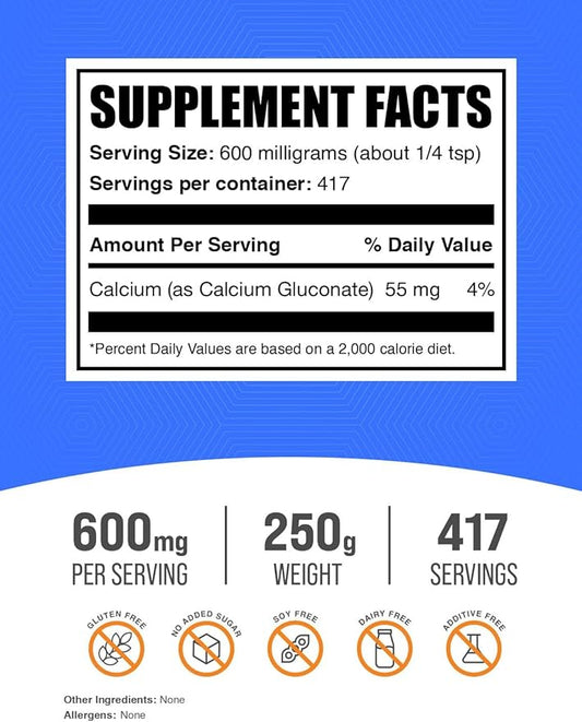 BulkSupplements.com Calcium Gluconate Powder - Calcium Supplement - Calcium Powder - Calcium Bone Supplement - Gluconate Calcium - Calcium Without Vitamin D (250 Grams - 8.8 oz)