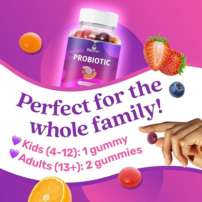 BeLive Probiotic Gummies - Probiotics with 5 Billion CFUs for Digestive Health, Men, Women & Kids - for Immune Support, Sugar Free & Vegan | 60 Ct – Blueberry, Strawberry & Orange