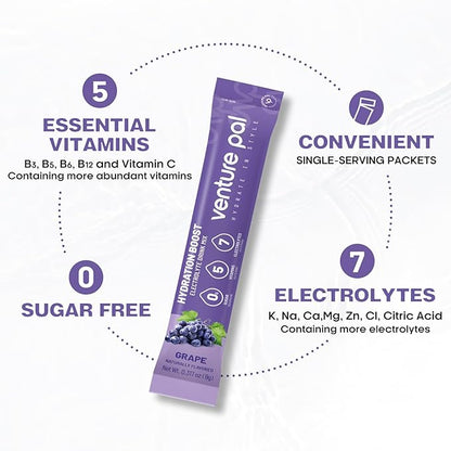 Venture Pal Sugar Free Electrolyte Powder Packets - Liquid Daily IV Drink Mix for Rapid Hydration & Party Recovery | 5 Vitamins & 7 Electrolytes| Keto Friendly | Non-GMO | Certified Vegan | 16 Sticks