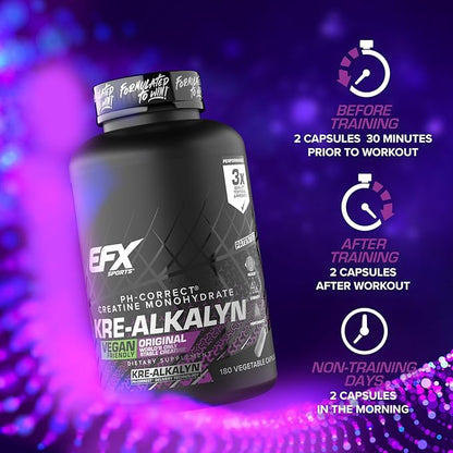 EFX Sports Kre-Alkalyn EFX | pH Correct Creatine Monohydrate Pill Supplement | Vegan Friendly | Strength & Muscle Growth | 90 Servings, 180 Veggie Capsules (Pack of 2)
