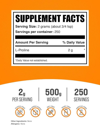 BulkSupplements.com L-Proline Powder - Amino Acid Supplement, Proline Supplements - Unflavored & Gluten Free, 2000mg per Serving, 250 Servings, 500g (1.1 lbs) (Pack of 1)