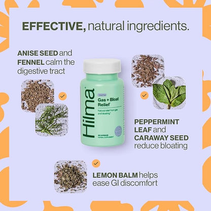 Hilma Natural Gas & Bloating Relief for Women – Doctor Formulated with Organic Ingredients – Lemon Balm, Fennel & Peppermint Leaf – 50 Vegan Capsules