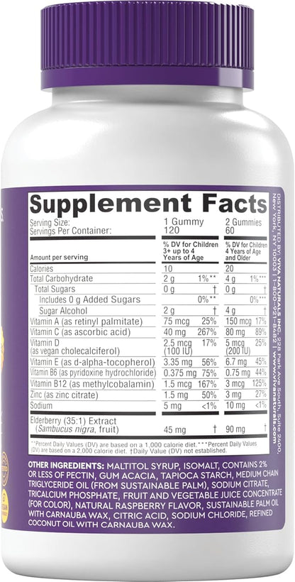 Viva Naturals Sugar-Free Sambucus Elderberry Gummies for Kids, 8-in-1 Children Immune Support with Vitamin C & Zinc – Chewable, Vegan & Gluten-Free (120 Count) for Daily Wellness