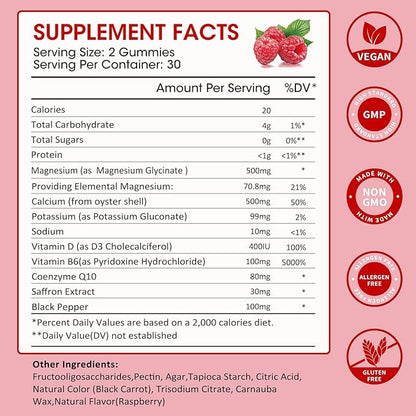 Magnesium Glycinate Gummies 500mg, Chewable Magnesium D3, B6, B6, CoQ10 CoQ10 for 60 Raspberry Gummies（2 Pack)