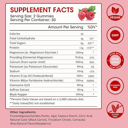 Magnesium Glycinate Gummies 500mg, Chewable Magnesium D3, B6, B6, CoQ10 CoQ10 for 60 Raspberry Gummies（2 Pack)