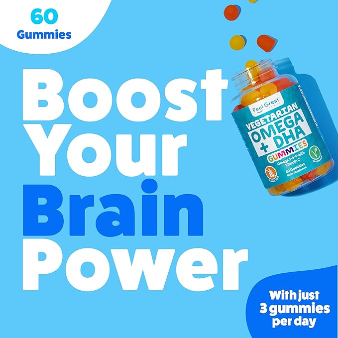 Feel Great Omega & DHA Gummies for Adults Plant Based Omega 3 Fish Oil Alternative | Vegetarian | Vitamin C, Chia, and Omega3, Supports Brain, Immune, Prenatal Functions, (60 Count)