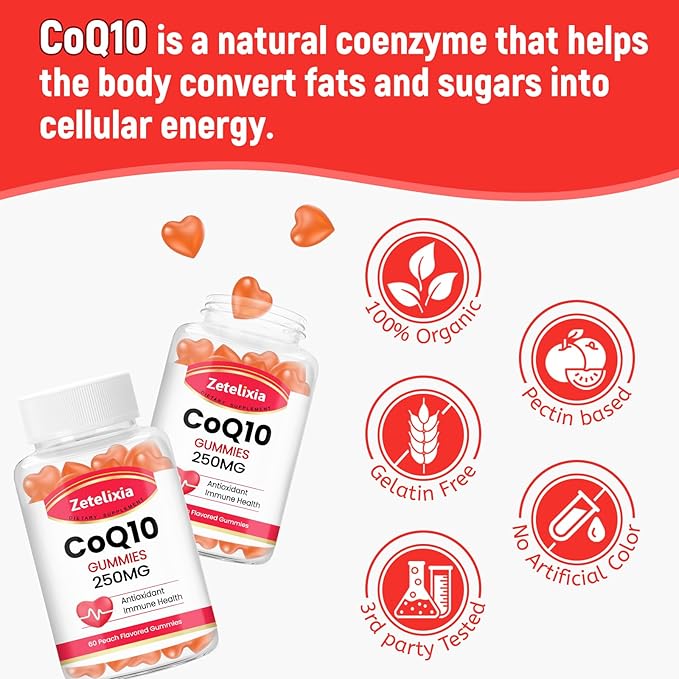 Sugar Free CoQ10 Gummies 250mg, 5X Q10 for 60 Peach