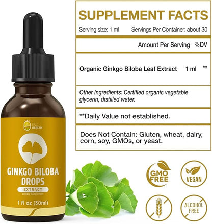Ginkgo Biloba Liquid Extract, Organic Ginkgo 98% Absorption, 1 fl