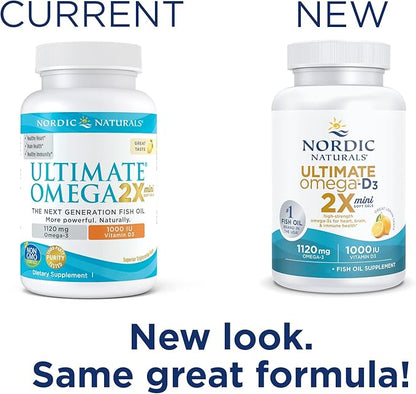 Nordic Naturals Ultimate Omega 2X Mini D3, Lemon 1120 mg Omega-3 + 1000 IU D3-60 Mini Omega-3 Fish 30 Servings