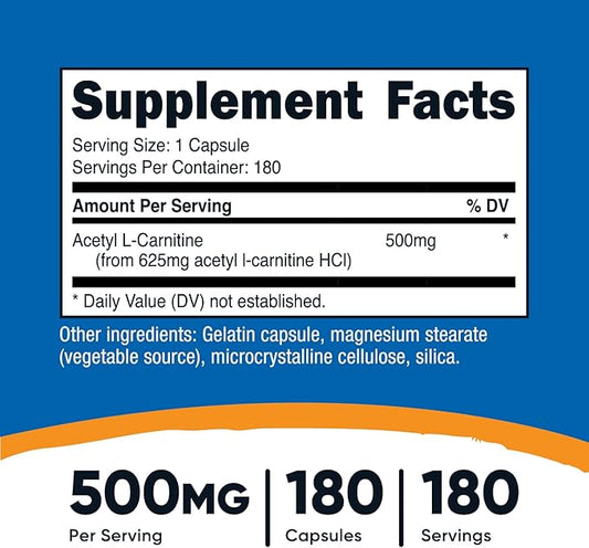Nutricost Acetyl L-Carnitine 500mg, 180 Capsules - Non-GMO and Gluten Free