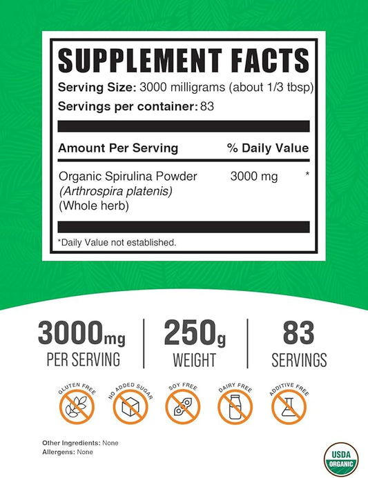 BulkSupplements.com Organic Spirulina Powder 3g of (250 Grams 8.8 oz)