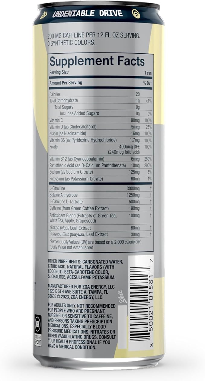 ZOA+ Pre-Workout Energy Drink Supplement - NSF Certified for Sport with Zero Sugar, Nitric Oxide Support, B & D Vitamins, Amino Acids, and Electrolytes (Coconut Lemonade)