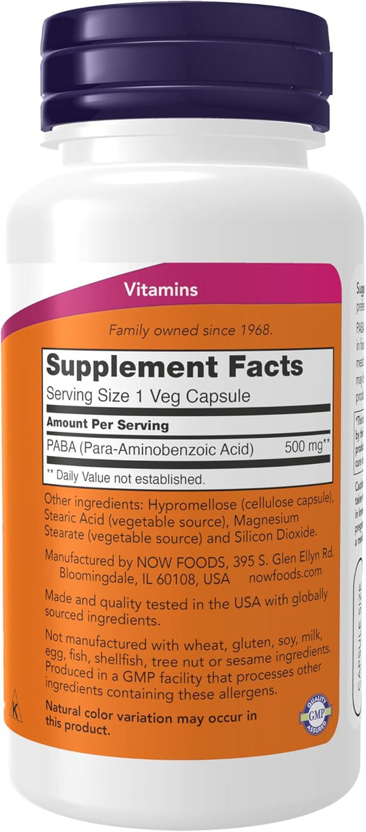 NOW Supplements, PABA (Para-Aminobenzoic Acid) 500 100 Capsules