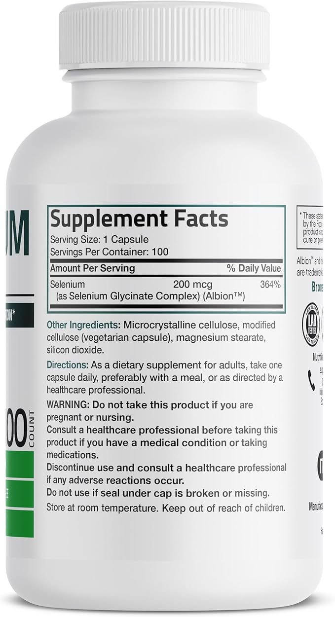 Bronson Selenium 200 mcg – Yeast Free Chelated Amino Acid Complex - Essential Trace Mineral with Superior Absorption, 100 Vegetarian Capsules
