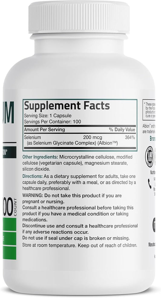 Bronson Selenium 200 mcg – Yeast Free Chelated Amino Acid Complex - Essential Trace Mineral with Superior Absorption, 100 Vegetarian Capsules