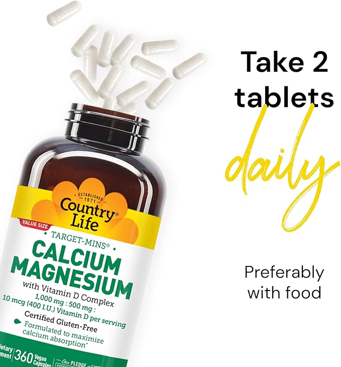 Country Life Target-Mins Calcium Magnesium 1000mg/500mg/10mcg, 360 360 Vegan
