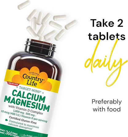 Country Life Target-Mins Calcium Magnesium 1000mg/500mg/10mcg, 360 360 Vegan