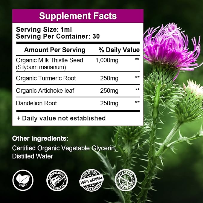 Liver Health Support Liquid, 1000mg Milk 80% Silymarin 250mg Dandelion