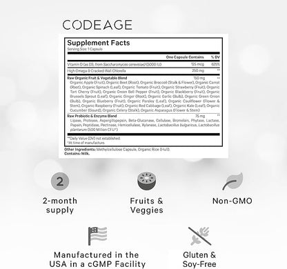 Codeage Raw Vitamin D3+ High Potency 5000 IU Supplement From Saccharomyces Cerevisiae - Raw Vitamin Enhanced with Omega-9, Probiotics, Digestive Enzymes, Fruits & Greens - 2-Month Supply - 60 Capsules