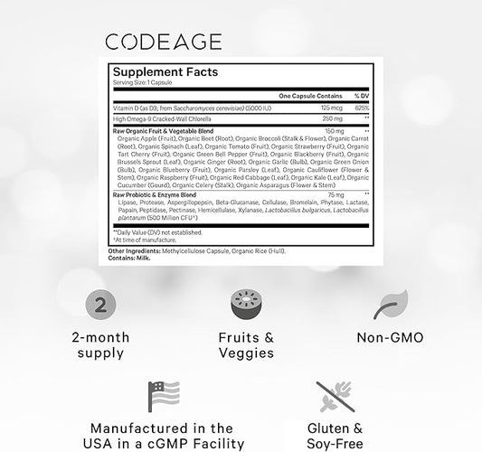 Codeage Raw Vitamin D3+ High Potency 5000 IU Supplement From Saccharomyces Cerevisiae - Raw Vitamin Enhanced with Omega-9, Probiotics, Digestive Enzymes, Fruits & Greens - 2-Month Supply - 60 Capsules