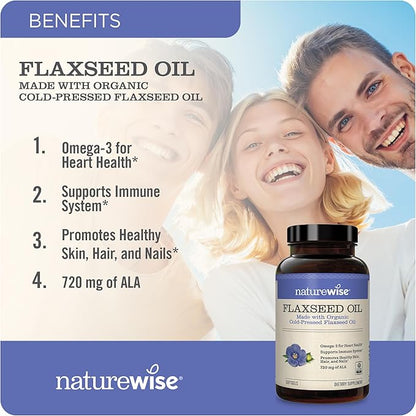 NatureWise Flaxseed Oil 1200mg Softgels 720mg ALA, 3 6 6 9, 9, Supplement 60 Softgels[1-Month Softgels[1-Month Supply]