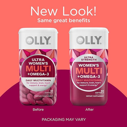 OLLY Ultra Women's Multi Softgels, Overall Omega-3s, Iron, B12, Daily 30 Day 60 Count