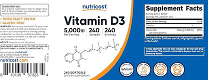 Nutricost Vitamin D3 5,000 IU, 240 Softgels (3 Bottles)