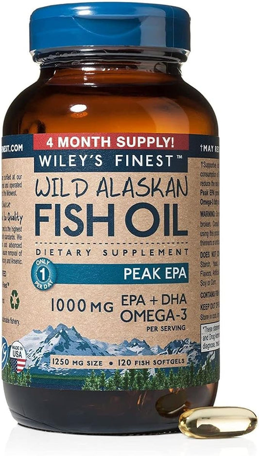 Wiley's Finest Wild Alaskan Fish Oil 1000mg Omega-3s, Omega-3s, SQF-Certified 120 Softgels (120 Servings)