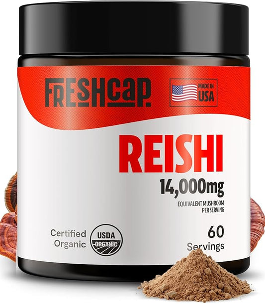 FreshCap Reishi Mushroom Powder 14,000mg - Reishi Mushroom Extract, Mushroom Supplement Powder, Organic Mushroom Powder, Ayurveda Nootropic Red Reishi Supplement Mushroom Blend (60 Servings)