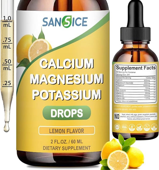 Calcium Magnesium Potassium Supplement Liquid,400mg Magnesium Glycinate,600mg Calcium (60ml/Lemon Flavor)