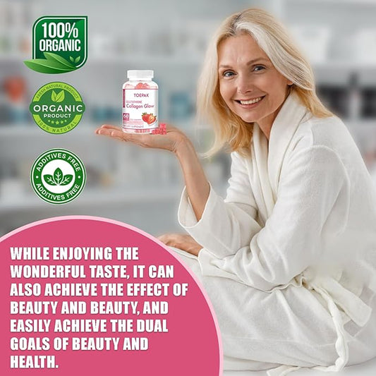 Multi Collagen Protein Glow Beauty Collagen Gummies, Women's Anti-Aging Support with Glutathione, Biotin & Multivitamins, Promotes Skin & Hair Health, Strawberry, 180 Gummies (90 Days)