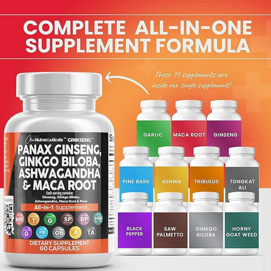 Clean Nutraceuticals Panax Ginseng Ginkgo Biloba Ashwagandha Maca Root - Focus Supplement Pills for Women and Men with Pine Bark Extract, Garlic, and Saw Palmetto - 60 Caps