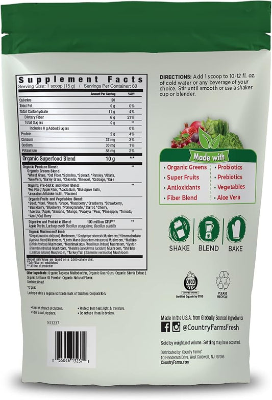 COUNTRY FARMS Super Greens Natural Flavor, 50 Organic 60 Servings, 900g