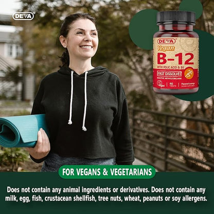 DEVA Vegan Vitamin B12 Fast Dissolve Supplement 1000 Mcg B12, Folic B6 - 90 Dissolvable 2-pack