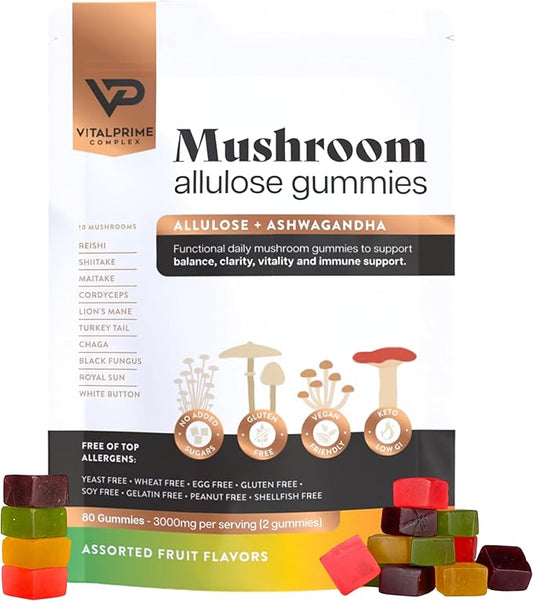 Sugar-Free Ashwagandha & Mushroom Gummies Supplement | 10 Functional Mushrooms per Serving | Immune Support, Focus, Energy | Vegan, Keto, Low Carb, Allulose Sweetener | 80 Gummies, Natural Flavors