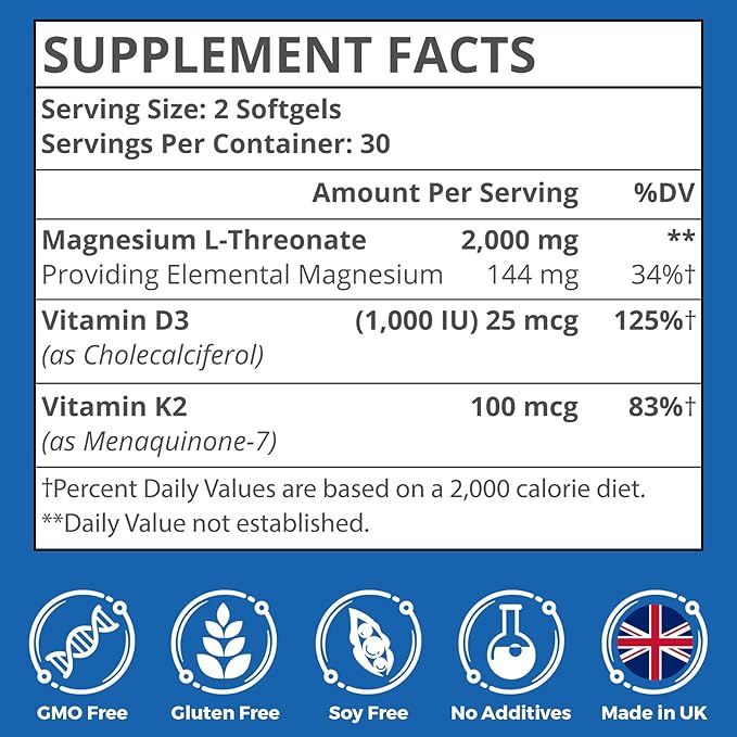 Liposomal Magnesium L-Threonate 2000mg-High Absorption-Magnesium Threonate D3 & K2 for 60 Count 3)