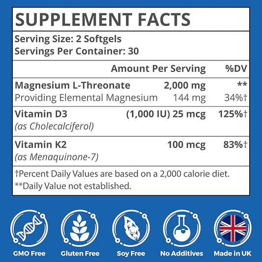 Liposomal Magnesium L-Threonate 2000mg-High Absorption-Magnesium Threonate D3 & K2 for 60 Count 3)