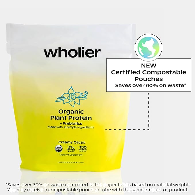 wholier Organic Plant Protein + Prebiotics. 21g of 5g of