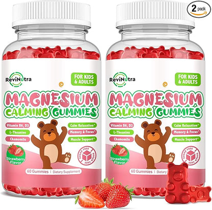 Magnesium Gummies for Kids - Magnesium Glycinate, L-Threonate Supplement with L-Theanine, Vitamin B6, D3 for Adults & Kids, Calm Magnesium for Sleep, Relaxation,Brain,Bones,Sugar Free Strawberry 120ct