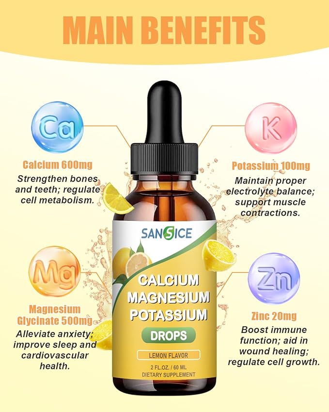 Calcium Magnesium Potassium Supplement Liquid,400mg Magnesium Glycinate,600mg Calcium (60ml/Lemon Flavor)
