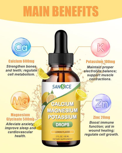 Calcium Magnesium Potassium Supplement Liquid,400mg Magnesium Glycinate,600mg Calcium (60ml/Lemon Flavor)