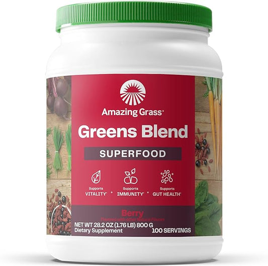 Amazing Grass Greens Superfood Powder: Greens Powder with Digestive Enzymes & Probiotics, Organic Spirulina, Chlorella, and Beet Root Powder, Berry, 100 Servings