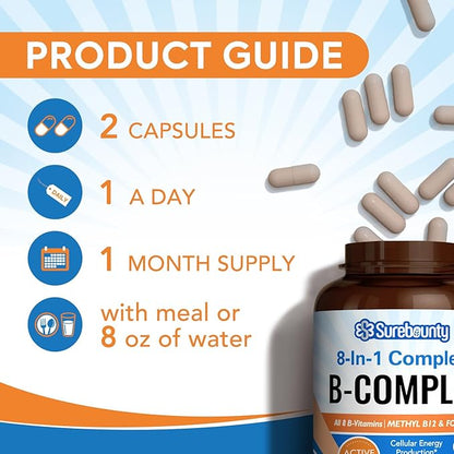 8-in-1 Complete B Complex, All 8 B12, B1, B1, B2, B2, B3, B3, B5, B5, B6, B6, B9, B9, Biotin, 60 Caps