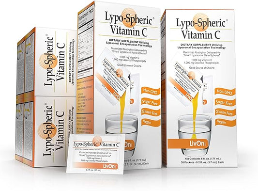 LivOn Laboratories Lypo–Spheric Vitamin C – 6 Cartons (180 Packets) 1,000 mg 1,000 mg 100% Non–GMO